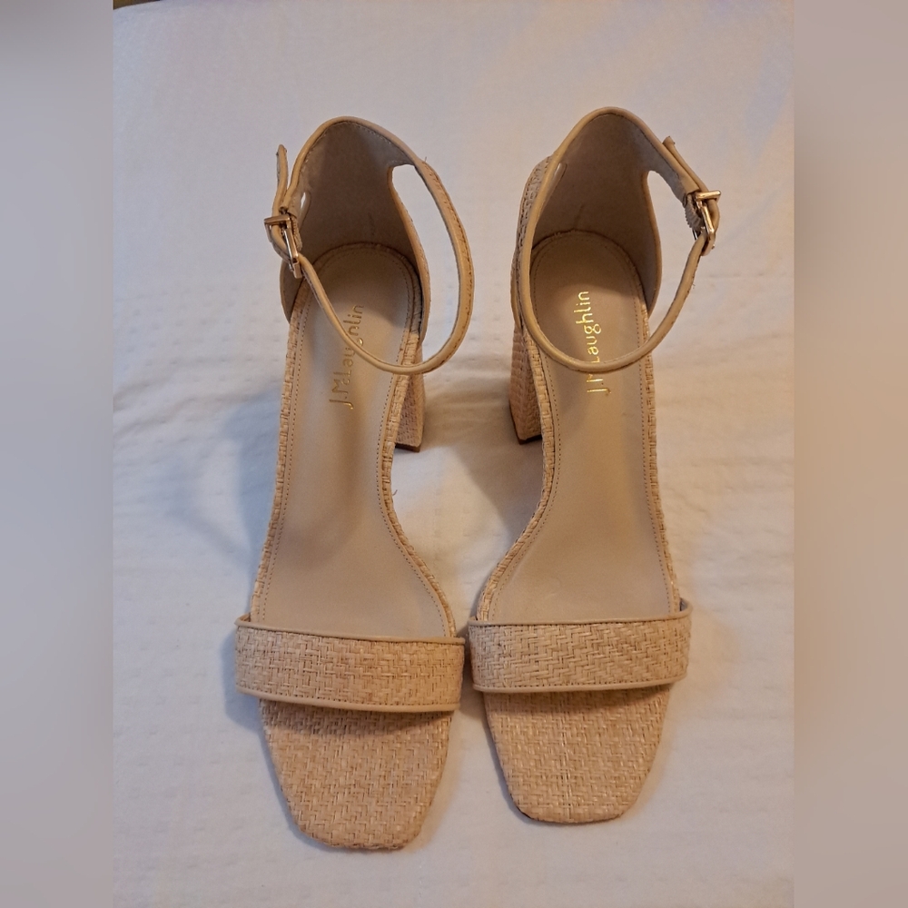 J. McLaughlin Esme Tan Raffia Block Heel Sandals Sz 9 Excellent Condition